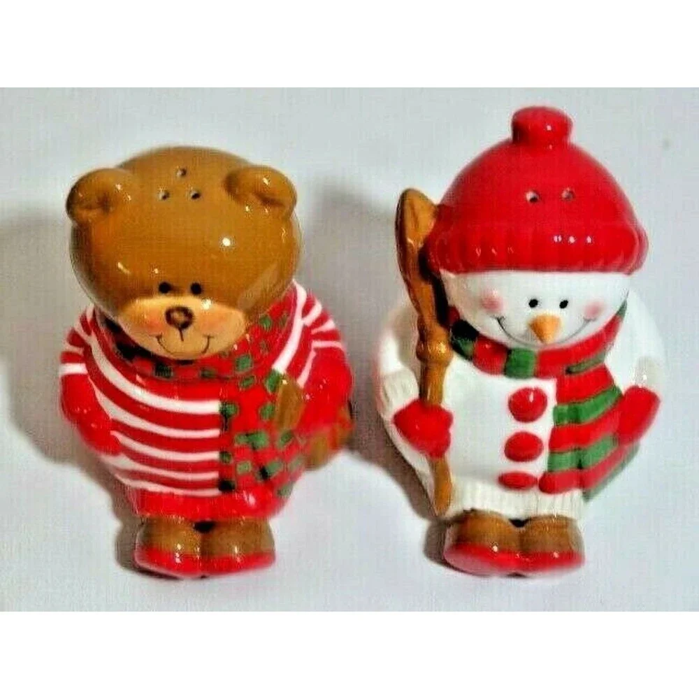 Sitting Bear Snowman Salt Pepper Shakers Ceramic Christmas Winter Serveware Gift